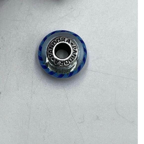 Pandora Sterling Blue Striped Zig Zag Murano Glass Charm Style #790611 Retired - Picture 2 of 4